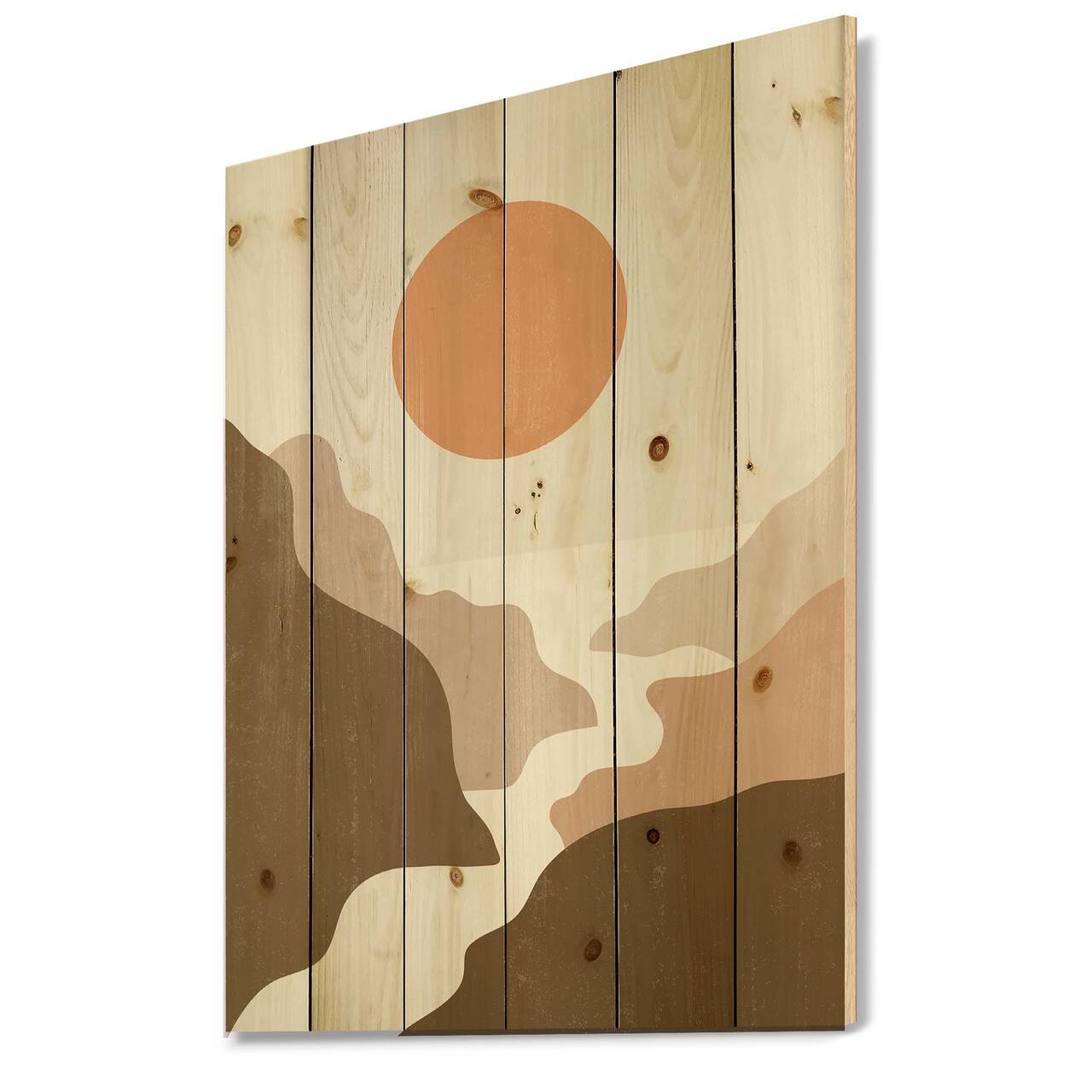 Designart - Lanscape With Full Moon In Terracotta Tones - Modern Print on Natural Pine Wood